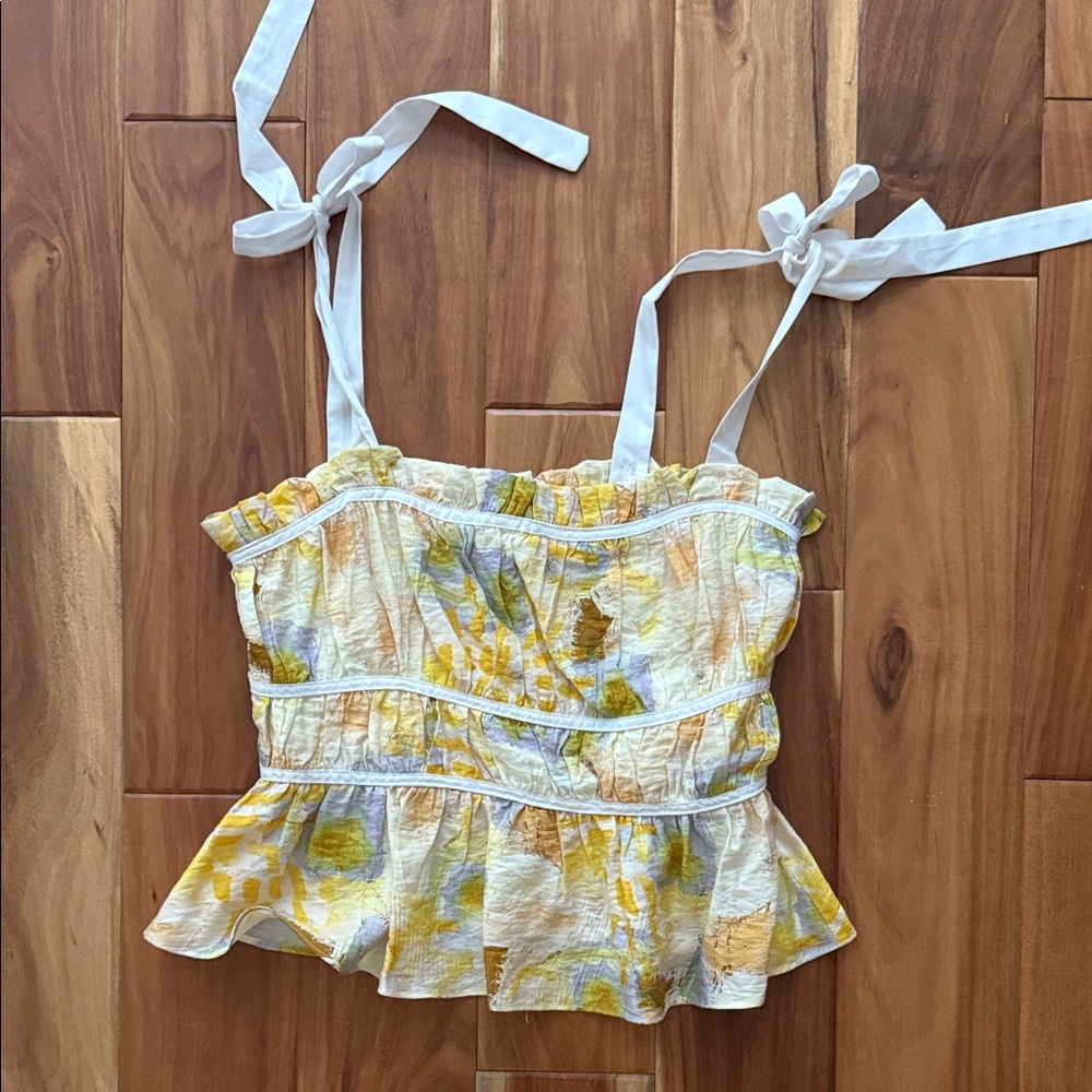 En Saison Yellow and White Tie-Strap Top